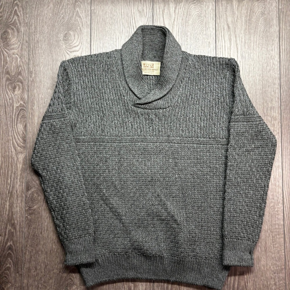 Aran Sweater Market Men Large Gray Merino Wool Shawl Collar Knit Sweater Ireland